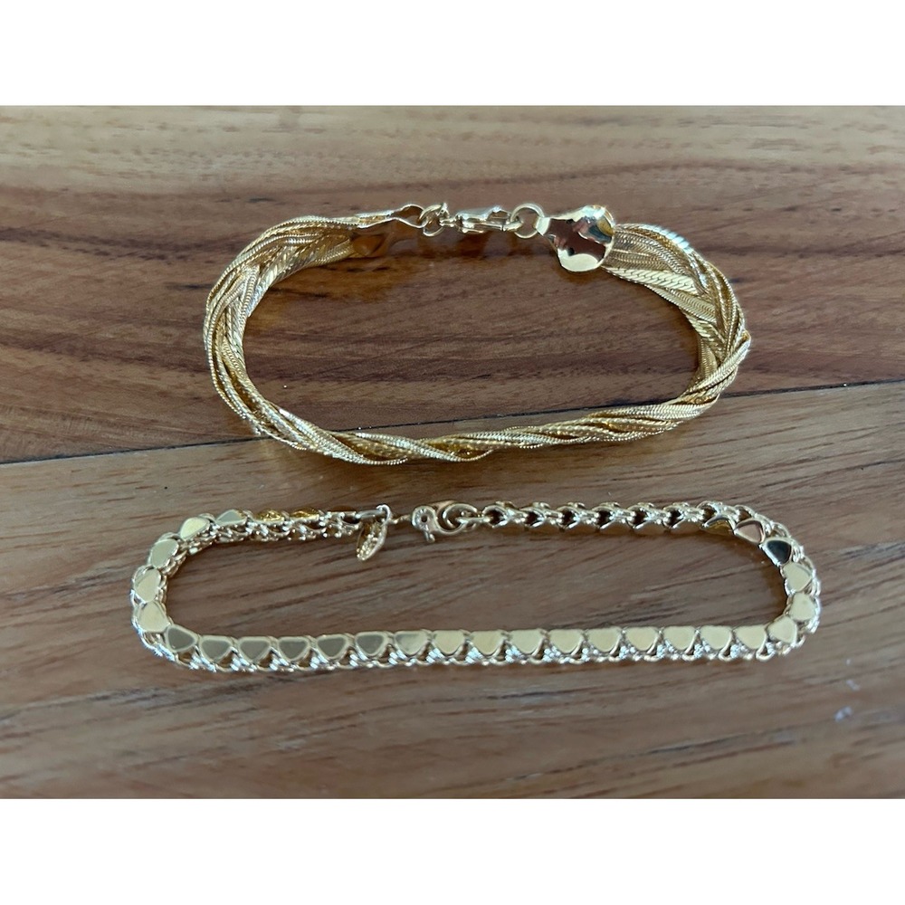 Vintage Monet Bracelet Lot Gold Tone Signed Heart Link Braided